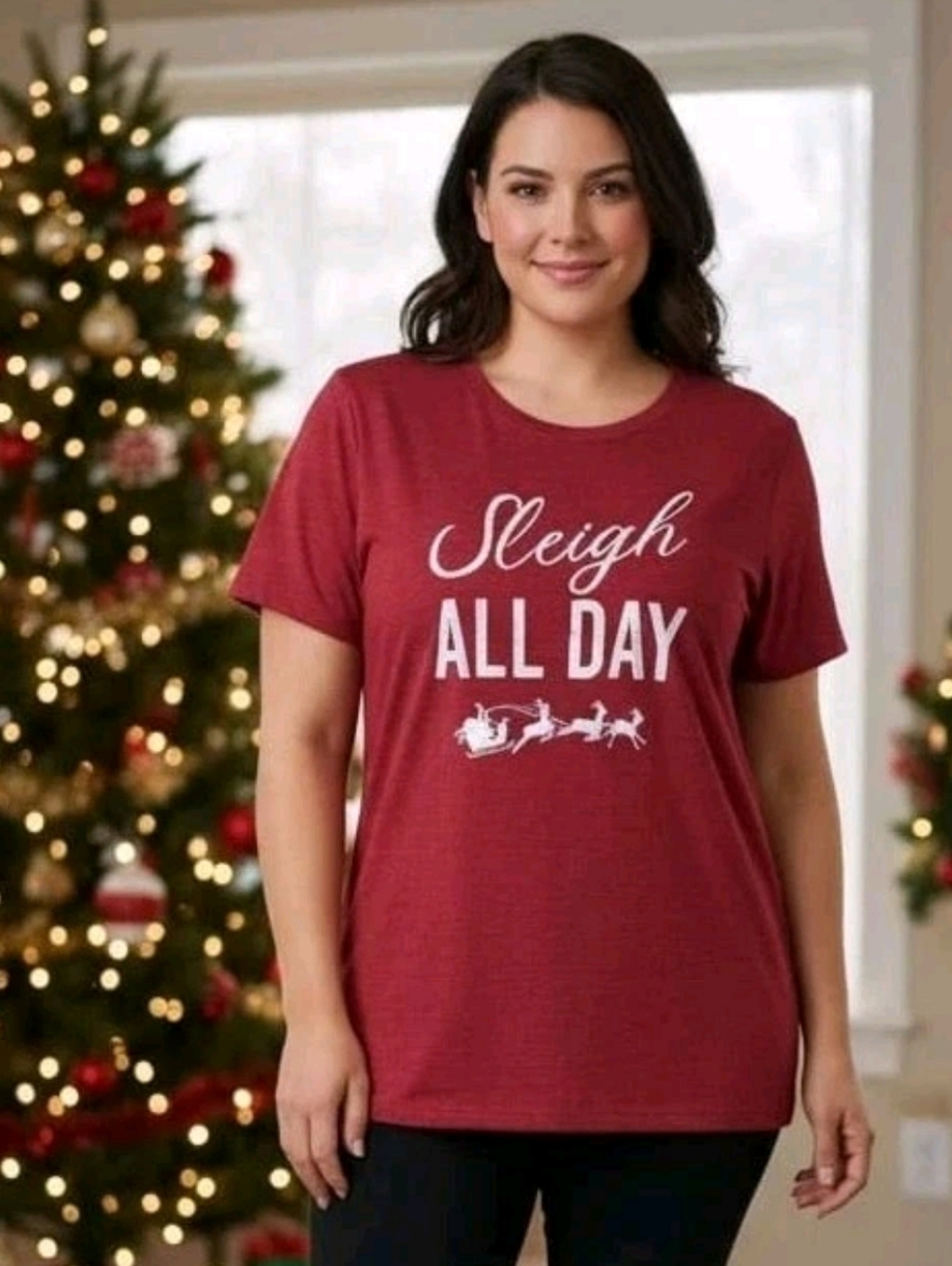 TORRID Women's 3 Christmas "Sleigh All Day" Crewneck Slim Fit Heathered Red EUC